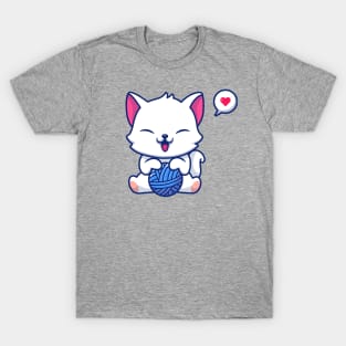 Cute Cat Playing Wool Ball Cartoon T-Shirt